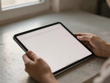 A close-up of hands holding a clean, minimalist digital planner on a tablet, soft morning light reflecting off a warm concrete surface, shallow depth of field.