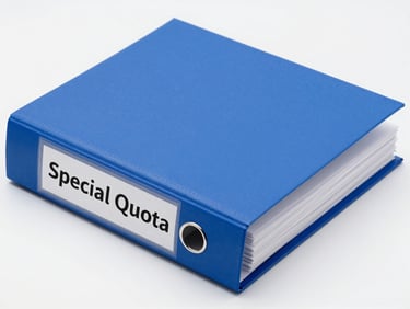 An organized blue document folder labeled Special Quota on a clean workspace, bright professional photography