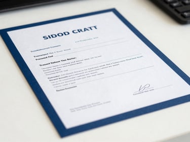 A close-up of a neatly printed high school transcript and transfer certificate resting on a clean desk, bright even office lighting, sharp focus