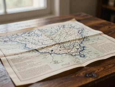 A close-up of folded historical land maps and blue-inked legal documents on a dark wooden table, warm side lighting, shallow depth of field