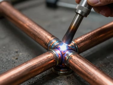 Tight macro shot of clean copper AC pipes being brazed with a bright torch, intense workshop utility light, sharp focus on the metallic joint.