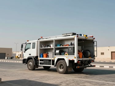 Wide panoramic 21:9 shot of a heavy-duty service truck parked outside Shop 44 in bright Dammam daylight, tools visible in the open back, expansive sky.