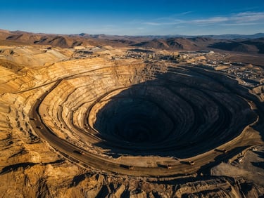 Dramatic high-altitude aerial perspective of a massive open-pit mine, low-sun angle casting deep shadows, golden-hour light highlighting geological textures, 35mm photography