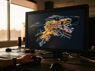 High-contrast 3D block model of an underground orebody on a professional engineering workstation screen, warm golden-hour ambient light, sharp detail, 35mm