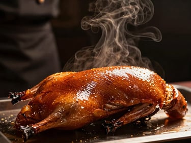 Close-up of a perfectly glazed, crispy Peking duck being sliced by a chef, warm golden-hour side lighting, dark charcoal background, steam rising, shallow depth of field