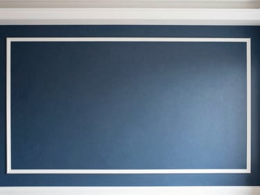 Crisp architectural detail of a modern living room wall painted in deep slate blue, sharp white trim, bright natural daylight, sharp focus, 35mm