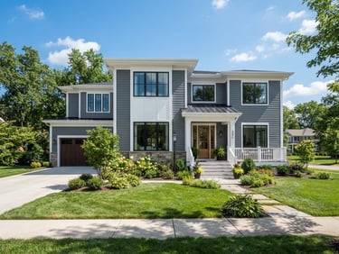 Wide architectural shot of a freshly painted modern home exterior in Lexington, crisp white trim against a slate gray facade, bright natural daylight, sharp focus, 35mm.