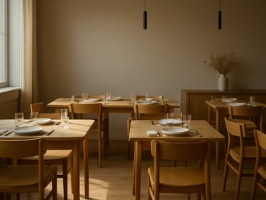 Wide shot of a Scandinavian-clean restaurant dining room in early morning, empty tables set with linen and ceramic, warm north-facing daylight falling across wooden surfaces, a single vase of dried herbs on the counter
