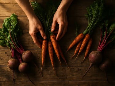 Overhead flat-lay of hands arranging freshly harvested root vegetables on a weathered wooden farm table, golden-hour window light from the left, soil still visible on the carrots and beets