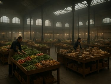 Wide environmental shot of an indoor food market hall at quiet morning setup, vendors arranging produce and artisan goods on wooden stalls, soft diffused daylight through high windows, no customers yet