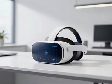 Sleek VR headset on a desk in a modern government office, digital interface projected, bright clean daylight, minimalist white and deep navy tones.