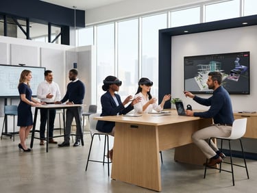 Wide shot of a modern, clean architectural space with a diverse group of professionals collaborating, some wearing sleek VR headsets, bright studio lighting, sharp focus, 50mm, minimalist white and deep navy tones.