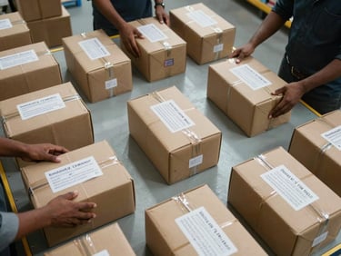 Wide overhead shot of a sorting table with domestic parcels tagged for different Indian cities, staff hands arranging shipments under bright warehouse daylight