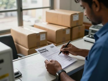 Staff member printing an international shipping label at a counter in a Gudivada courier office, natural morning light through a window, parcels stacked neatly behind