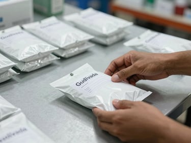 Close-up of hands placing a sealed medicine parcel on a sorting table in a daylit Gudivada warehouse, label visible, organized rows of parcels in background