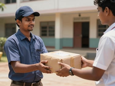 A student handing over a sealed parcel to a courier staff member outside a college building in Gudivada, bright midday daylight, parcel addressed with a handwritten label