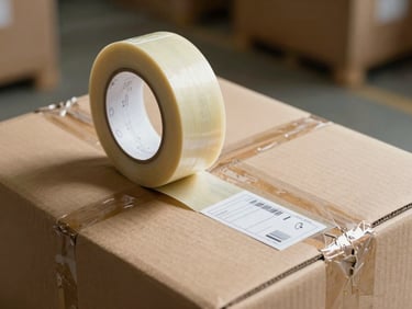 Close-up of secure packing tape being applied to a cardboard parcel on a warehouse table under daylight, label and address visible on top