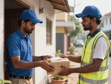 A courier staff member collecting a parcel from a residential doorstep on a Gudivada street in morning daylight, handing over a receipt