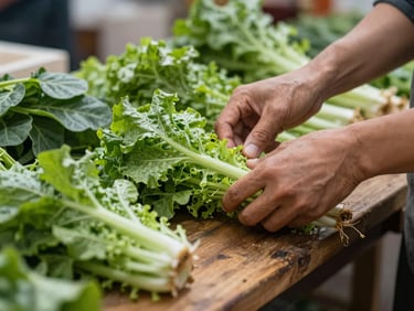 Close-up of hands arranging fresh leafy greens on a rustic wooden market stall, soft morning light