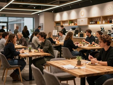 Candid shot of a modern gastronomic market interior, Scandinavian wooden tables, soft warm lighting, people chatting