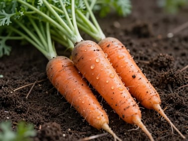 Macro shot of fresh organic heirloom carrots with soil on them, morning dew, natural side light