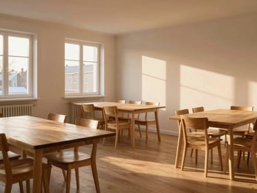 Wide environmental shot of an empty, beautifully lit Scandinavian dining room at golden hour, soft side-lighting casting long shadows on light oak tables.