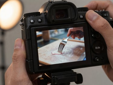 Candid action shot of a camera screen displaying a close-up of plating, hands in the soft-focus background adjusting a fork under warm studio light.