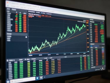 Close-up of a wide trading dashboard monitor showing backtesting equity curve charts with green ascending line, drawdown percentage metrics and trade log rows visible, cool flat task lighting, no people, dark background, sharp data density