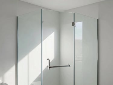 Modern glass shower enclosure (Box Elegance) in a minimalist bathroom, clean glass, natural light, architectural photography.
