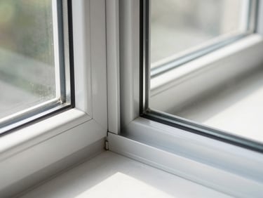 Detail shot of a sleek aluminum window frame joint, showing precise engineering and clean lines, natural light reflecting.