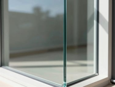 Close-up of a thick tempered glass panel edge, showing its strength and clarity, bright natural daylight, architectural photography.