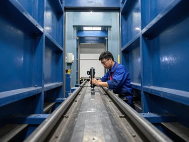 Technician in clean uniform inspecting a heavy-duty industrial freight elevator guide rail with precision tools, technical lighting