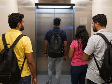Modern residential elevator lobby with warm wood paneling and a clean, minimalist elevator door in cool grey steel