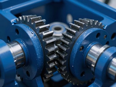 Macro detail of precision mechanical elevator traction gears and steel cables, high-contrast technical studio lighting, deep blue tones.