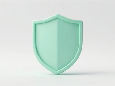A minimalist 3D render of a soft mint green shield shape on a clean white background, bright diffused daylight, pastel tones
