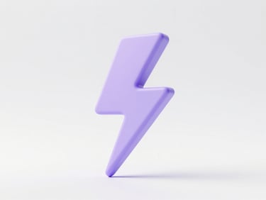 A minimalist 3D render of a soft lavender lightning bolt or energy shape on a clean white background, bright diffused daylight, pastel tones