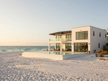 Expansive, modern beachfront residence in Alys Beach at golden hour, white stucco, large glass windows, infinity pool overlooking emerald waters, soft sand.