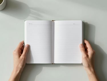 Top-down view of hands holding a clean planner on a light desk, soft natural morning shadows, minimalist lifestyle photography.