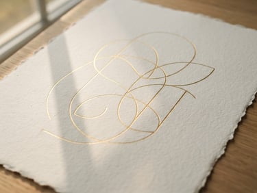 Minimalist fine line art of interlocking golden curves on a textured off-white paper background, soft diagonal window shadow, elegant luxury feel