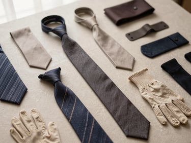 Organized flat lay of various wardrobe accessories (ties, gloves, braces) in muted tones, arranged on a textured surface, soft light.