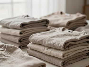 Flat lay of a stack of neatly folded, neutral-toned readymade garments, soft diffused window light, textile texture visible.