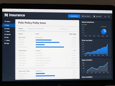 A straight-on macro shot of a dark-mode insurance dashboard interface, showing high-contrast policy tables, blue accent charts, and real-time commission graphs on a high-resolution screen.