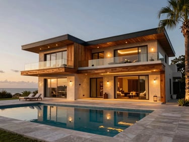 Modern luxury villa exterior with warm wooden accents, private pool, illuminated at golden hour, palm trees