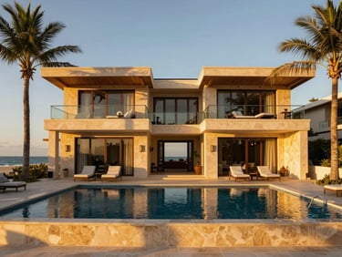 Luxury beach villa exterior with a private pool, modern architecture, palm trees, golden hour lighting