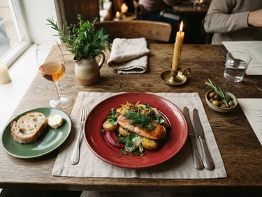 Overhead flat-lay of a cozy Scandinavian restaurant table, warm natural light, rich crimson plates, fresh herbs, soft shadows, 35mm photography