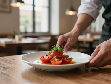 A cozy Scandinavian restaurant interior with soft side-lighting illuminating a chef carefully plating a vibrant heirloom tomato dish, shallow depth of field.