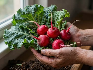 Close-up of weathered hands holding freshly harvested dark green kale and bright crimson radishes, soft natural light, rich soil textures visible.