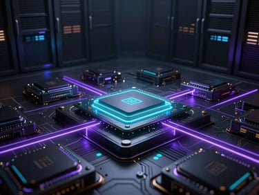 Abstract 3D render of crystalline processor structures in a vast dark atmospheric server hall, glowing violet lines, low-key lighting, sharp neon laser lines, cinematic.