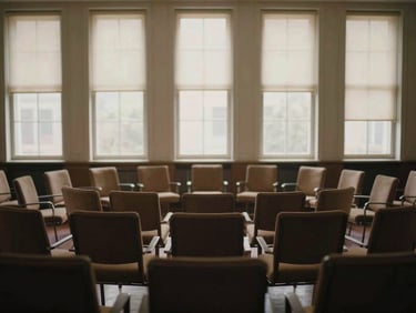 Círculo de sillas vacías en una sala de conferencias antigua, luz natural filtrada por ventanales altos, ambiente de debate socrático.