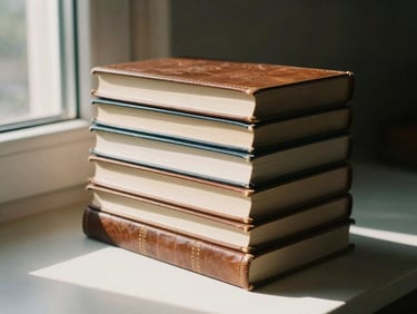 Pila de libros de filosofía encuadernados en cuero, luz cenital suave, sombras profundas, ambiente de estudio.